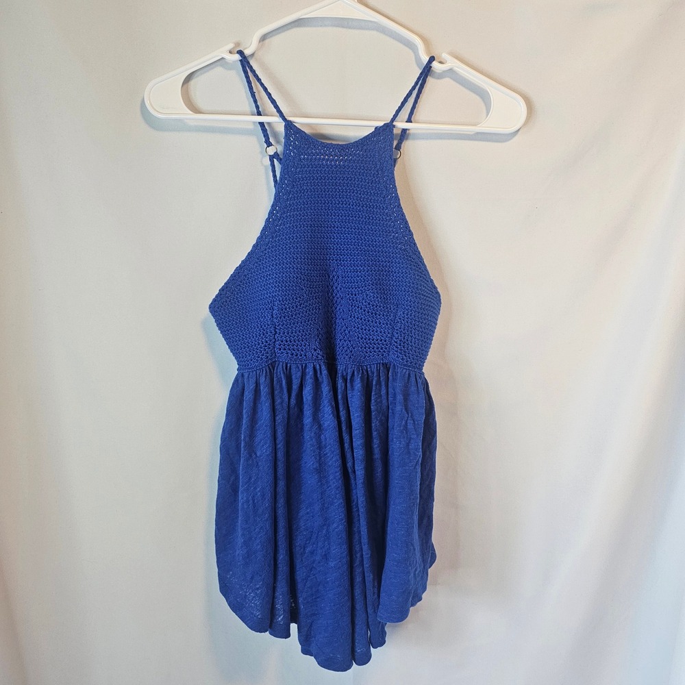 Free People Crochet Halter Tank Top XS Blue Boho Festival Strappy Peplum Hippie